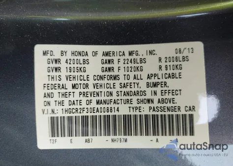 2014 Honda Accord Lx from USA, damaged, VIN 1HGCR2F30EA008814